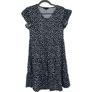 Lyrur Women's Ruffle Sleeve Printed Sundress Mini Dress Black White Small